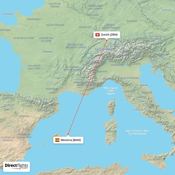 Zurich - Menorca direct flight map
