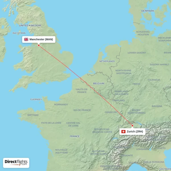 Zurich - Manchester direct flight map