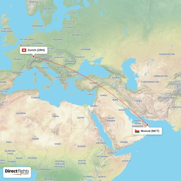 Zurich - Muscat direct flight map