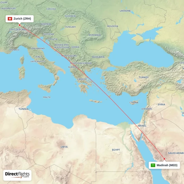 Zurich - Madinah direct flight map