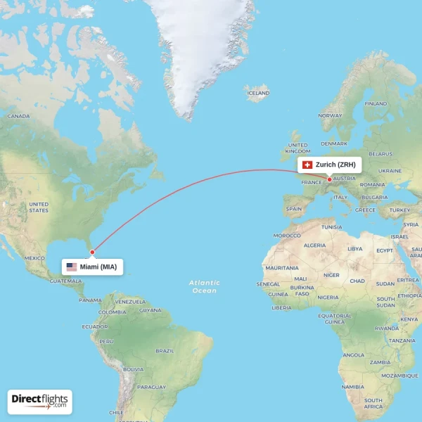 Zurich - Miami direct flight map