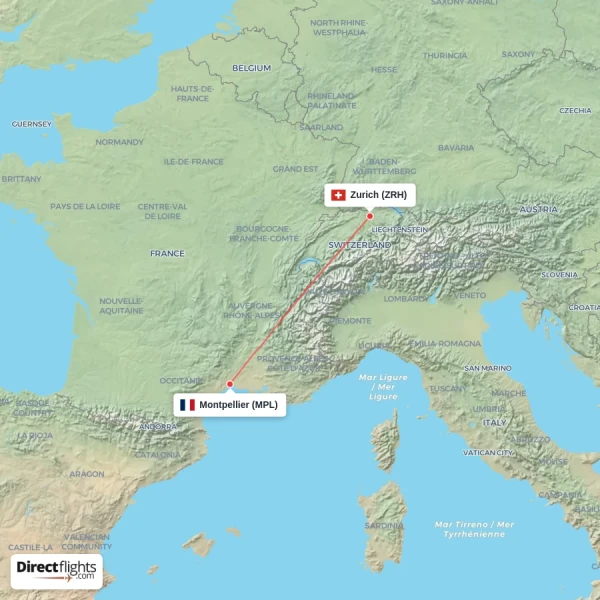 Zurich - Montpellier direct flight map
