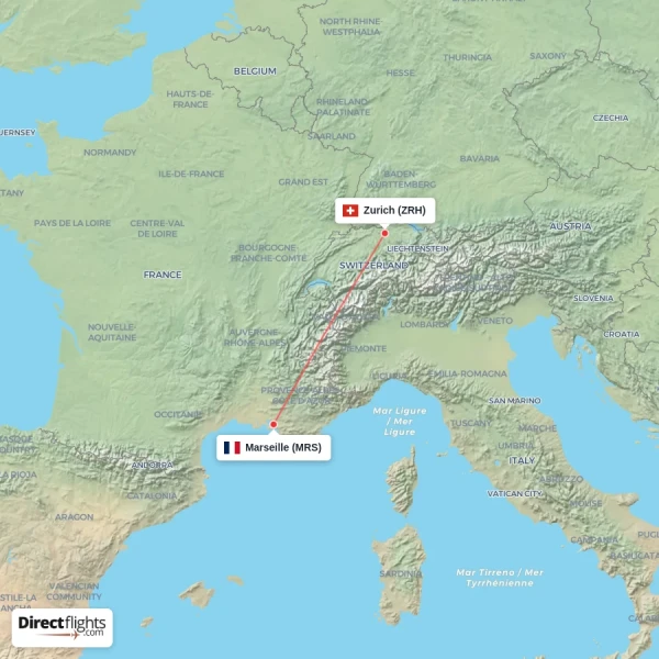 Zurich - Marseille direct flight map