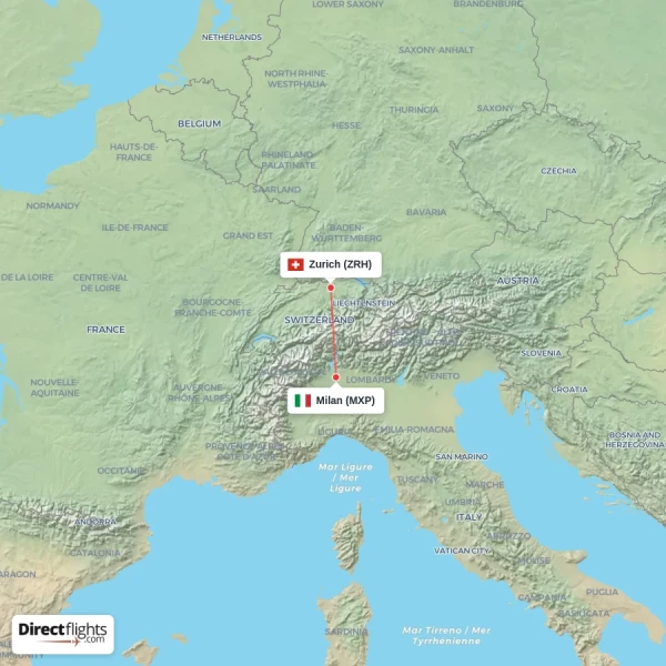 Zurich - Milan direct flight map