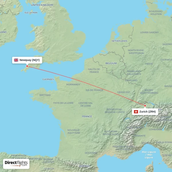Zurich - Newquay direct flight map