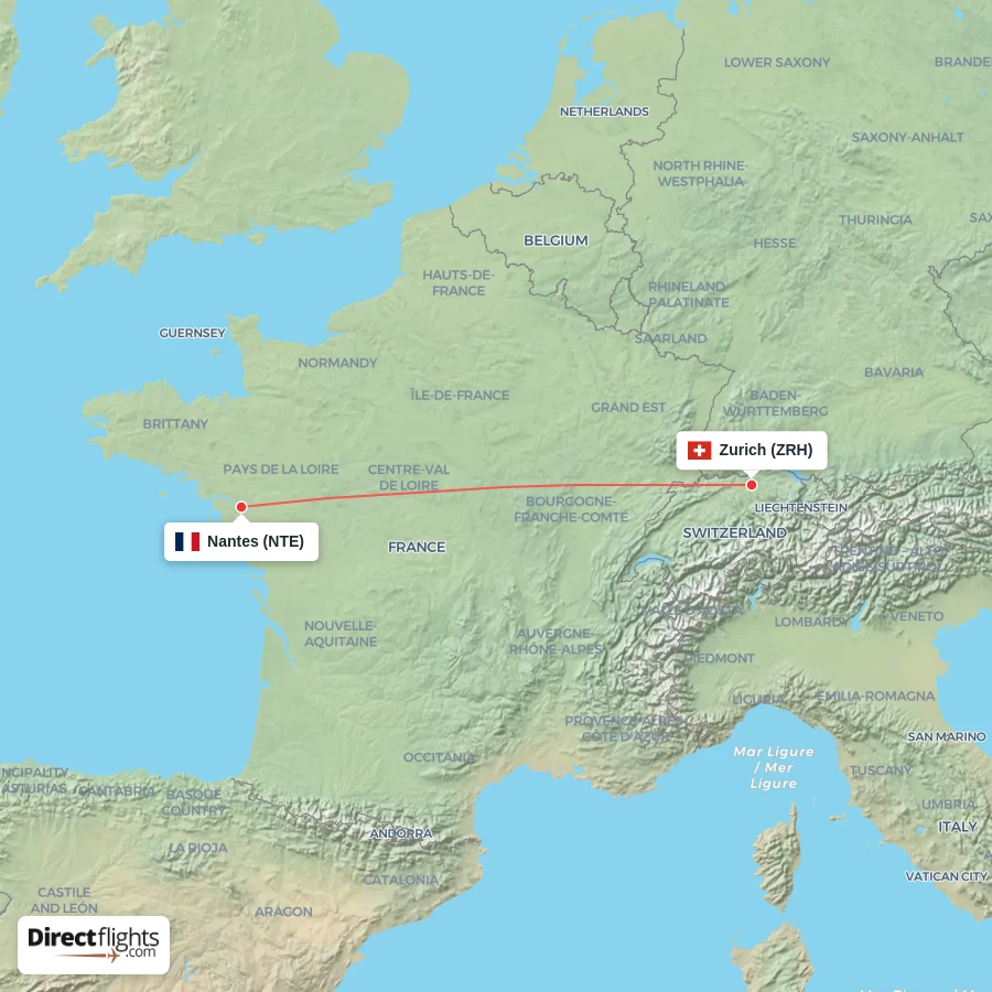 ZRH - NTE route map