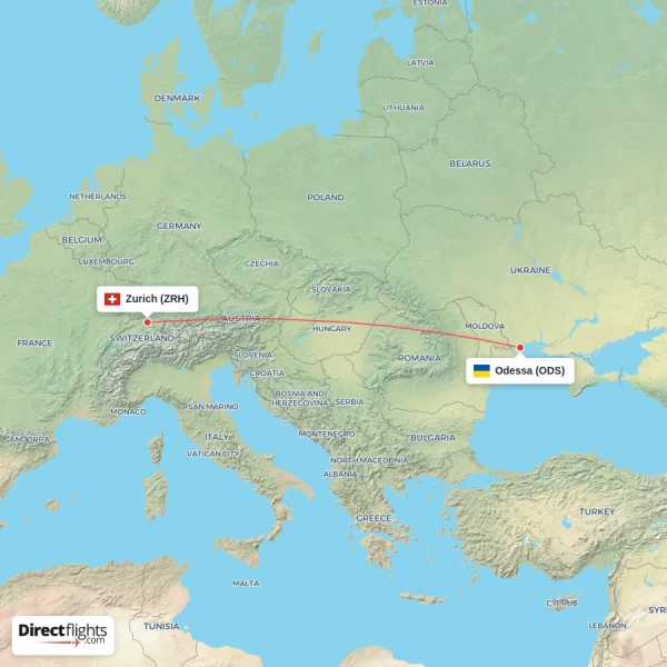 Zurich - Odessa direct flight map