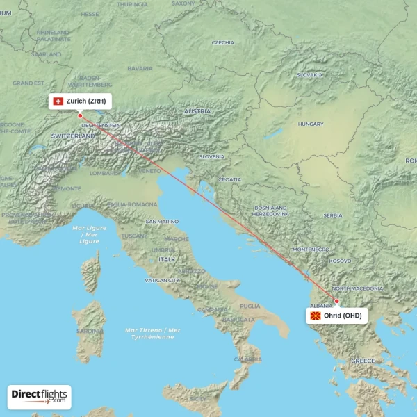 Zurich - Ohrid direct flight map