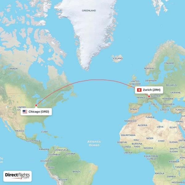 Zurich - Chicago direct flight map