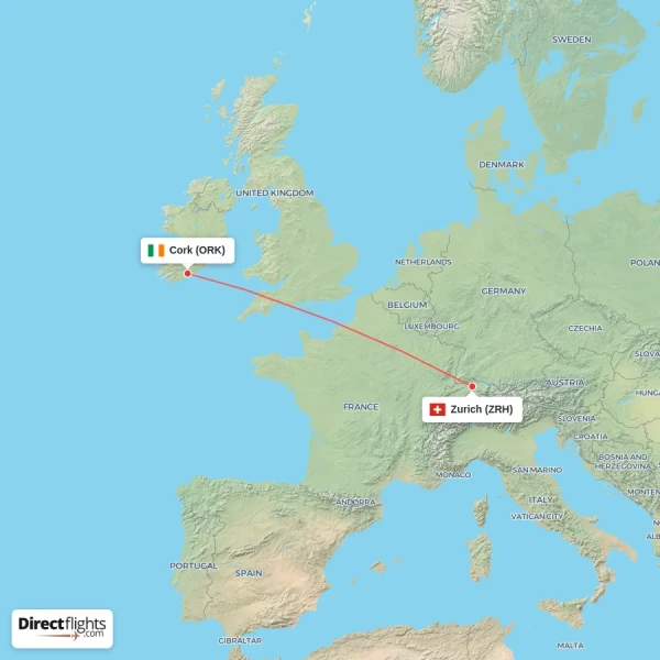 Zurich - Cork direct flight map