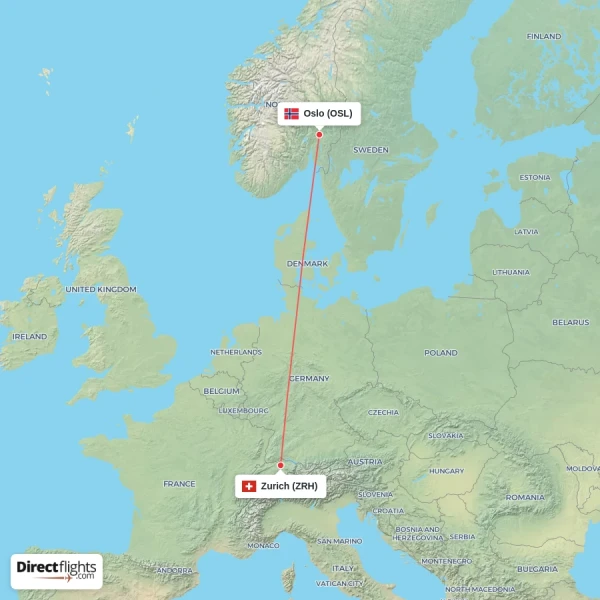 Zurich - Oslo direct flight map