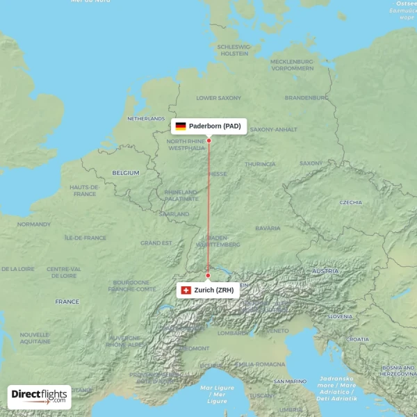 Zurich - Paderborn direct flight map