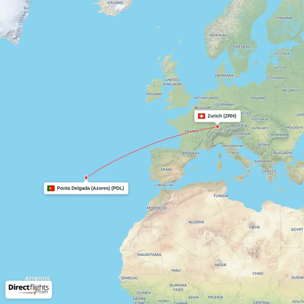 Zurich - Ponta Delgada (Azores) direct flight map