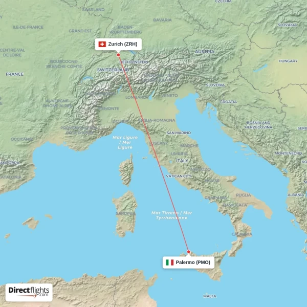 Zurich - Palermo direct flight map