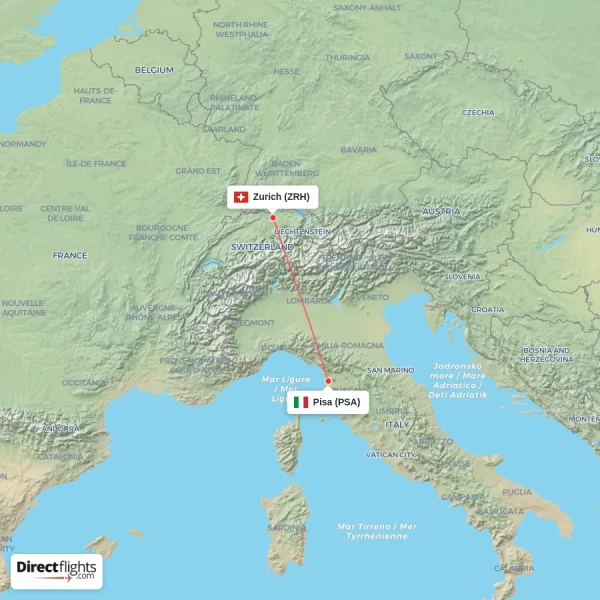 Zurich - Pisa direct flight map