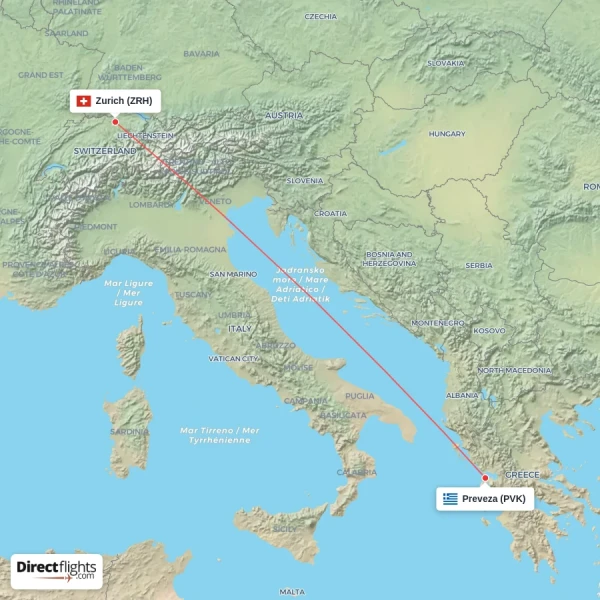 Zurich - Preveza direct flight map