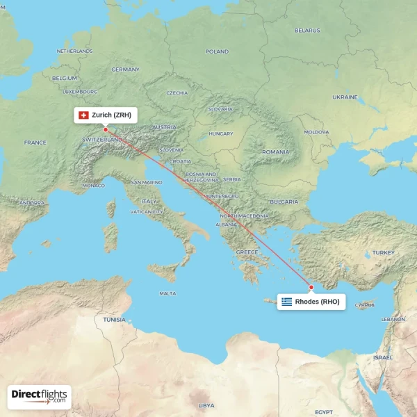 Zurich - Rhodes direct flight map