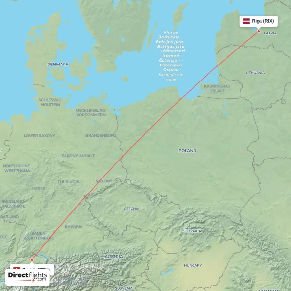 Zurich - Riga direct flight map