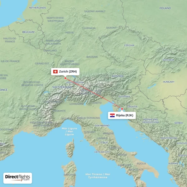 Zurich - Rijeka direct flight map