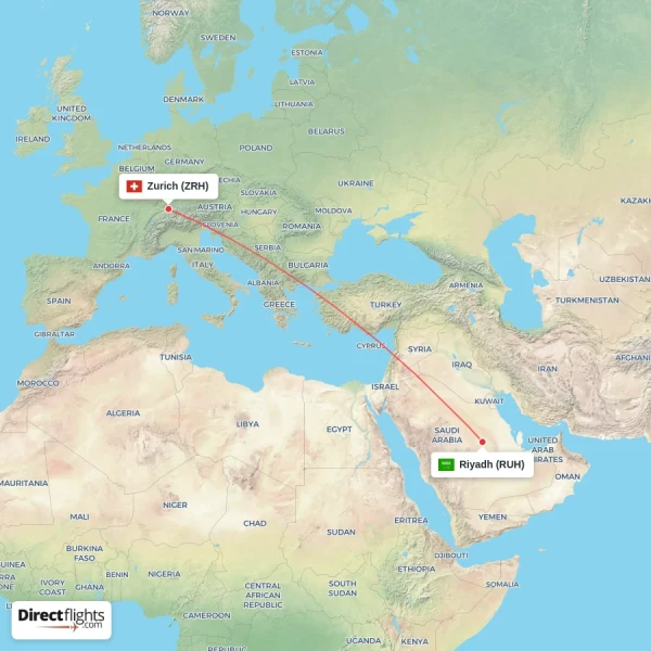 Zurich - Riyadh direct flight map