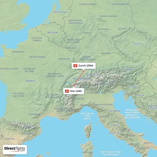 Zurich - Sion direct flight map