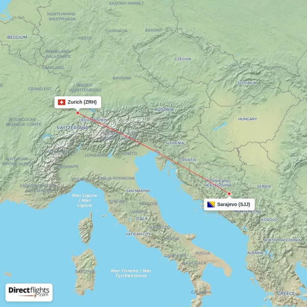 Zurich - Sarajevo direct flight map