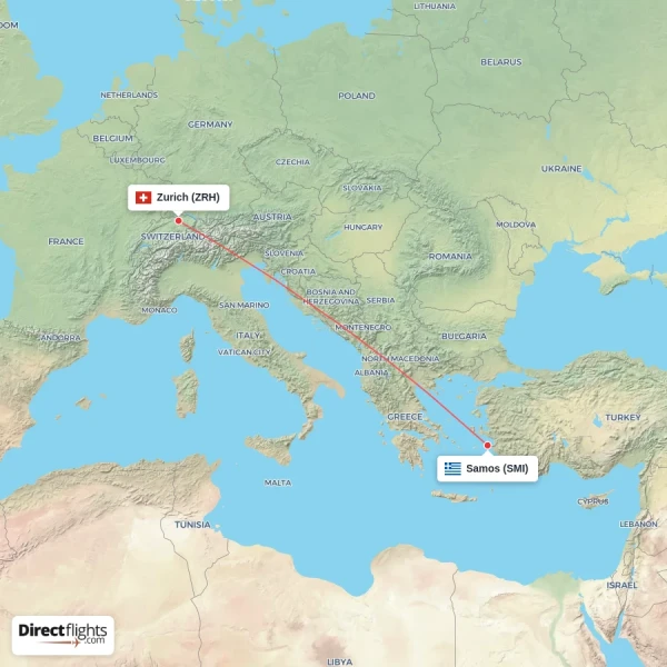 Zurich - Samos direct flight map