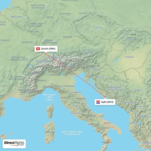Zurich - Split direct flight map