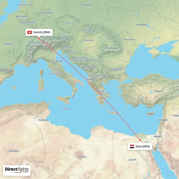 Zurich - Giza direct flight map