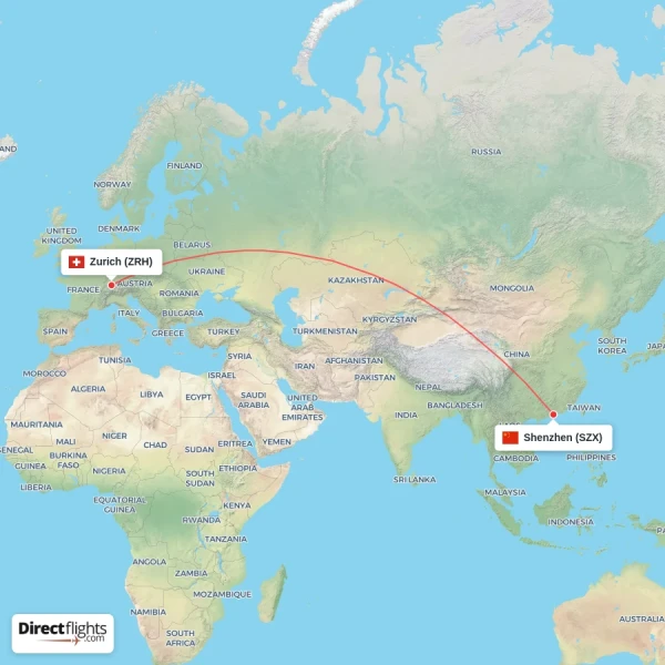 Zurich - Shenzhen direct flight map