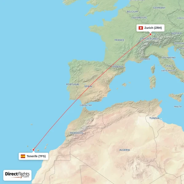 Zurich - Tenerife direct flight map