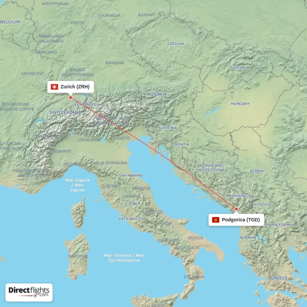 Zurich - Podgorica direct flight map
