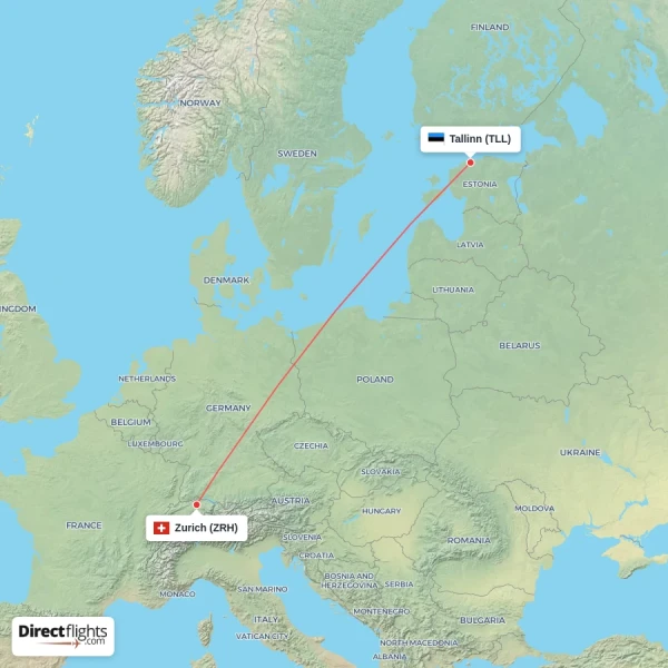 Zurich - Tallinn direct flight map