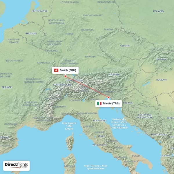 Zurich - Trieste direct flight map