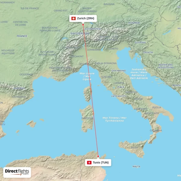 Zurich - Tunis direct flight map
