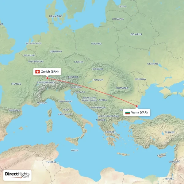Zurich - Varna direct flight map