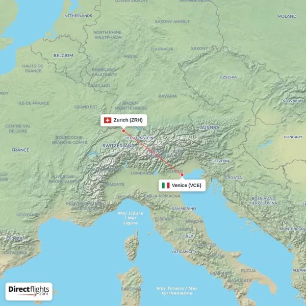 Zurich - Venice direct flight map