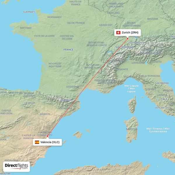 Zurich - Valencia direct flight map