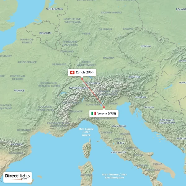 Zurich - Verona direct flight map