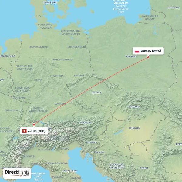 Zurich - Warsaw direct flight map