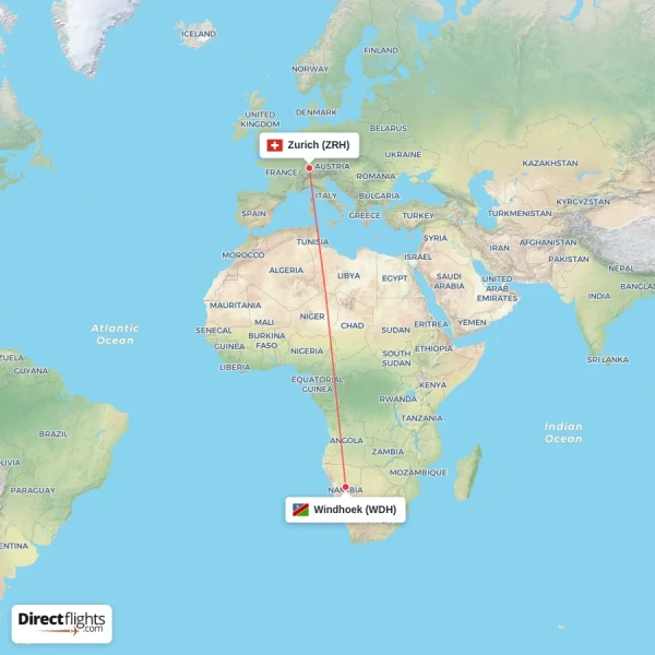 Zurich - Windhoek direct flight map