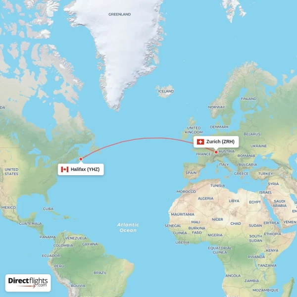 Zurich - Halifax direct flight map
