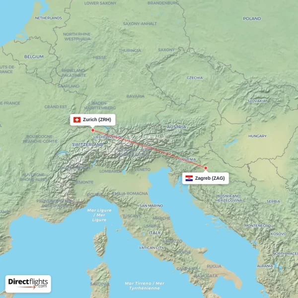 Zurich - Zagreb direct flight map