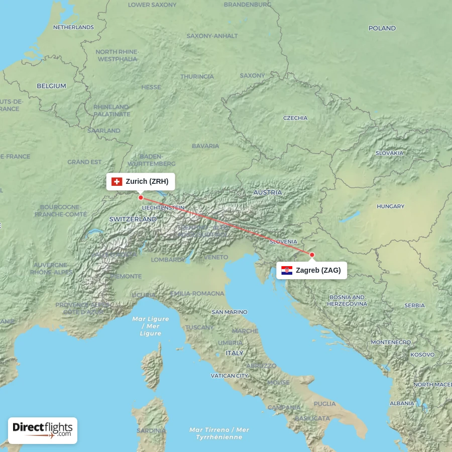 ZRH - ZAG route map
