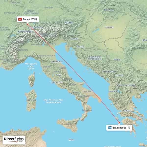 Zurich - Zakinthos direct flight map