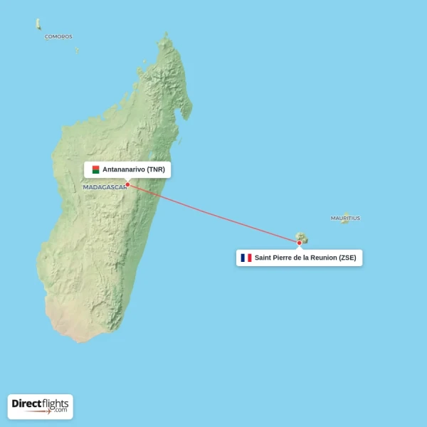 Saint Pierre de la Reunion - Antananarivo direct flight map