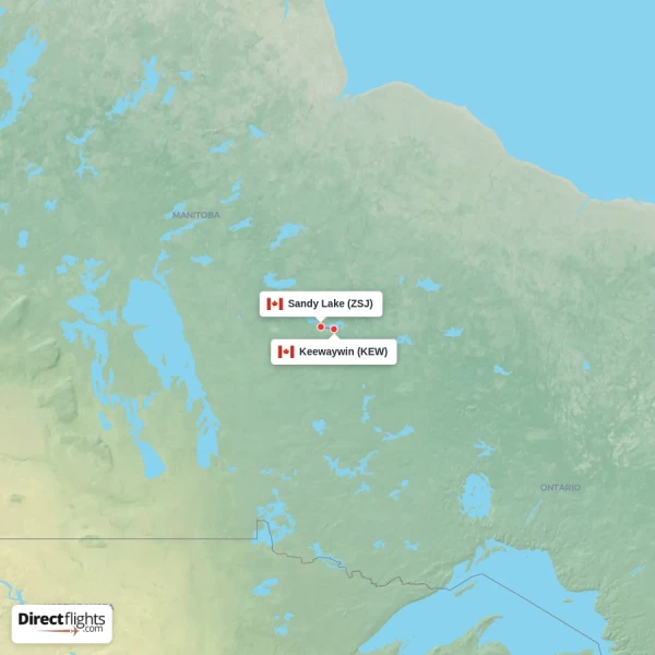 Sandy Lake - Keewaywin direct flight map