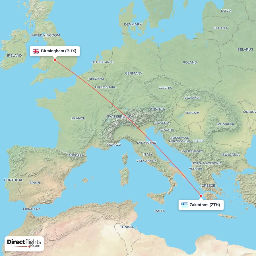 ZTH - BHX route map