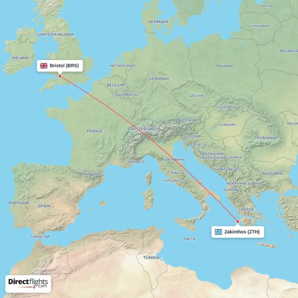 Zakinthos - Bristol direct flight map