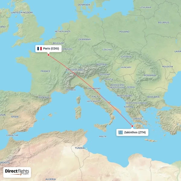 Zakinthos - Paris direct flight map